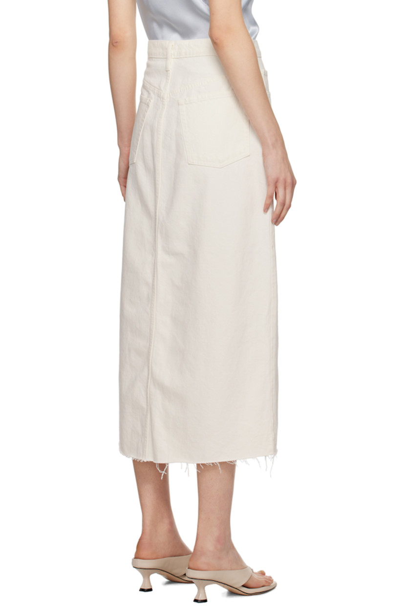Non-stretch cotton denim skirt. 

· High-rise
· Belt loops
· Five-pocket styling
· Zip-fly
· Central vent at front hem
· Frayed edge at hem
· Logo-engraved antiqued silver-tone hardware

Supplier color: Ecru