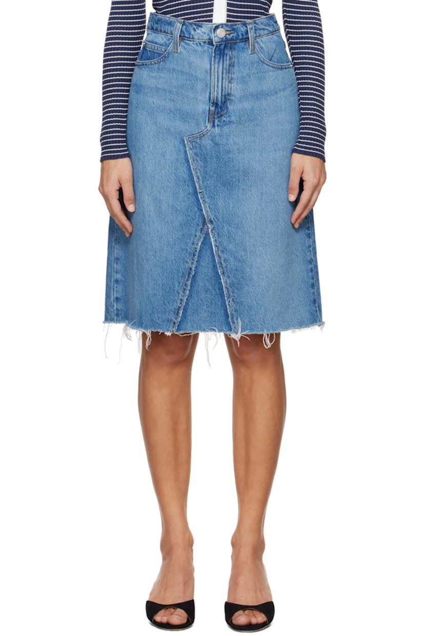 Non-stretch regenerative- and recycled cotton-blend denim skirt. Fading and distressing throughout. 

· High-rise
· Belt loops
· Five-pocket styling
· Zip-fly
· Raw edge at hem
· Logo-engraved silver-tone metal hardware
· Contrast stitching in yellow

Supplier color: Mabel