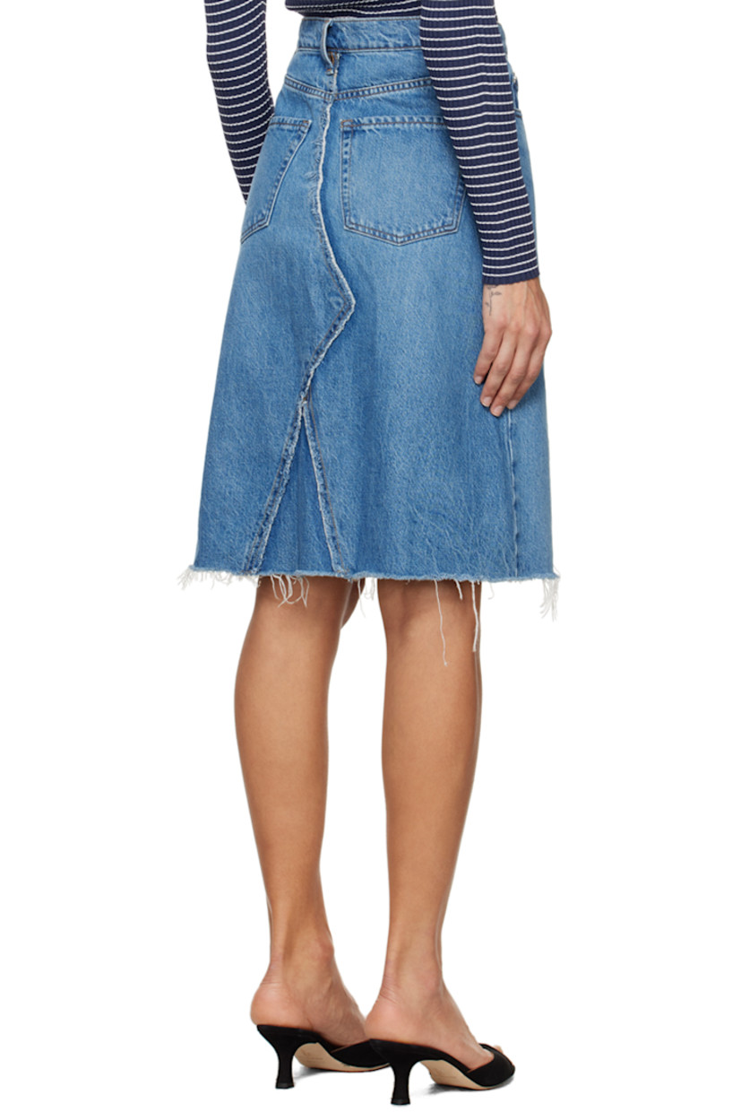 Non-stretch regenerative- and recycled cotton-blend denim skirt. Fading and distressing throughout. 

· High-rise
· Belt loops
· Five-pocket styling
· Zip-fly
· Raw edge at hem
· Logo-engraved silver-tone metal hardware
· Contrast stitching in yellow

Supplier color: Mabel