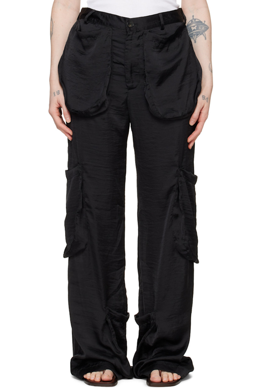 Crinkled polyester satin trousers.

· Belt loops
· Four-pocket styling
· Zip-fly
· Patch pockets at inseams and outseams

Supplier color: Black