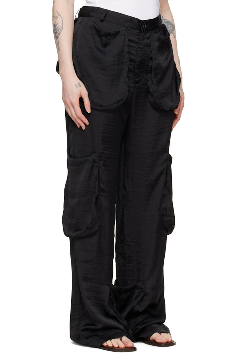 Crinkled polyester satin trousers.

· Belt loops
· Four-pocket styling
· Zip-fly
· Patch pockets at inseams and outseams

Supplier color: Black