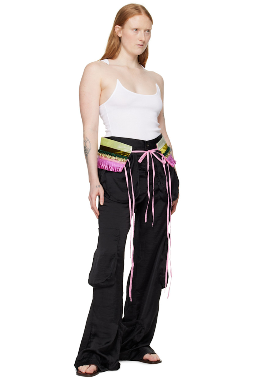 Crinkled polyester satin trousers.

· Belt loops
· Four-pocket styling
· Zip-fly
· Patch pockets at inseams and outseams

Supplier color: Black