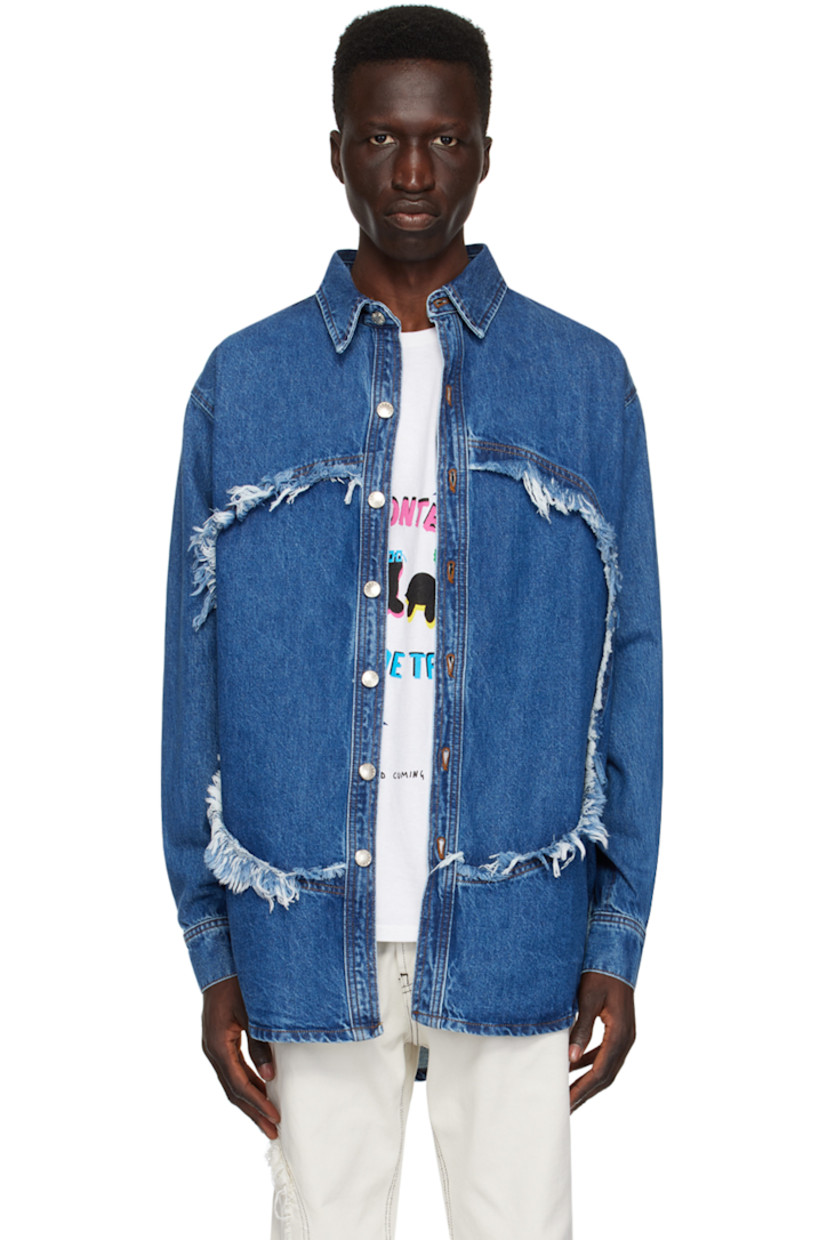 Non-stretch recycled cotton-blend denim shirt. 

· Spread collar
· Button closure
· Frayed edges at front
· Shirttail hem
· Two-button barrel cuffs
· Contrast stitching in tan 

Supplier color: Blue