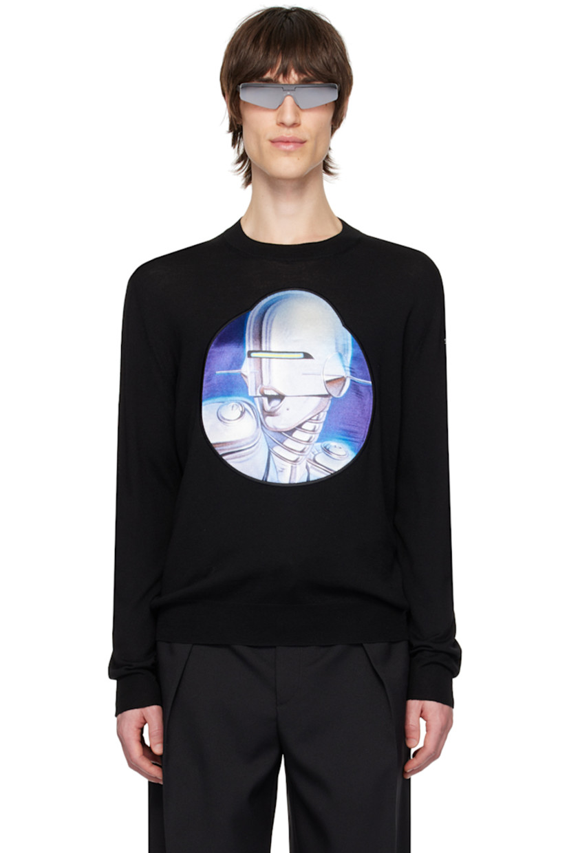 Knit RWS-certified virgin wool sweater. 

· Rib knit crewneck, hem, and cuffs
· Graphic patch embroidered at front
· Logo embroidered at sleeve

Part of the Stella McCartney Sorayama capsule collection.

Made from cruelty-free, non-animal materials.

Supplier color: Black