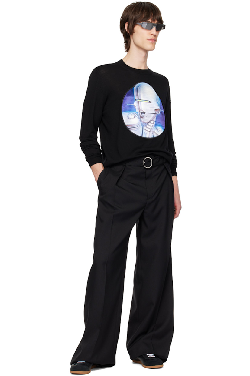Knit RWS-certified virgin wool sweater. 

· Rib knit crewneck, hem, and cuffs
· Graphic patch embroidered at front
· Logo embroidered at sleeve

Part of the Stella McCartney Sorayama capsule collection.

Made from cruelty-free, non-animal materials.

Supplier color: Black