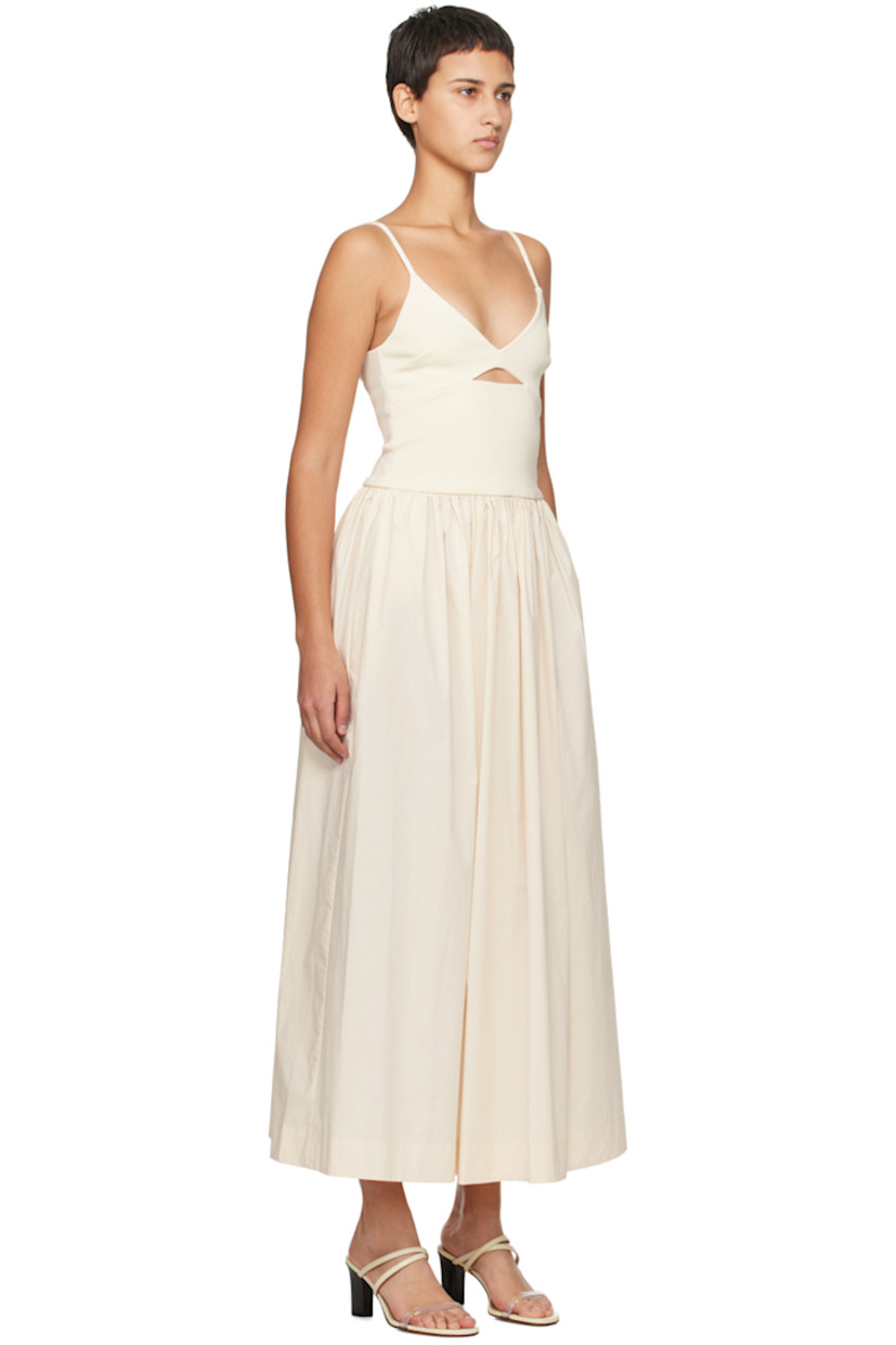 Cotton poplin and FSC-certified stretch viscose-blend jersey dress.

· Paneled construction
· V-neck
· Darts at cups
· Cutout at chest
· Gathering at waist
· Fixed shoulder straps
· Zip closure at back
· Partial jersey lining

Supplier color: Crema