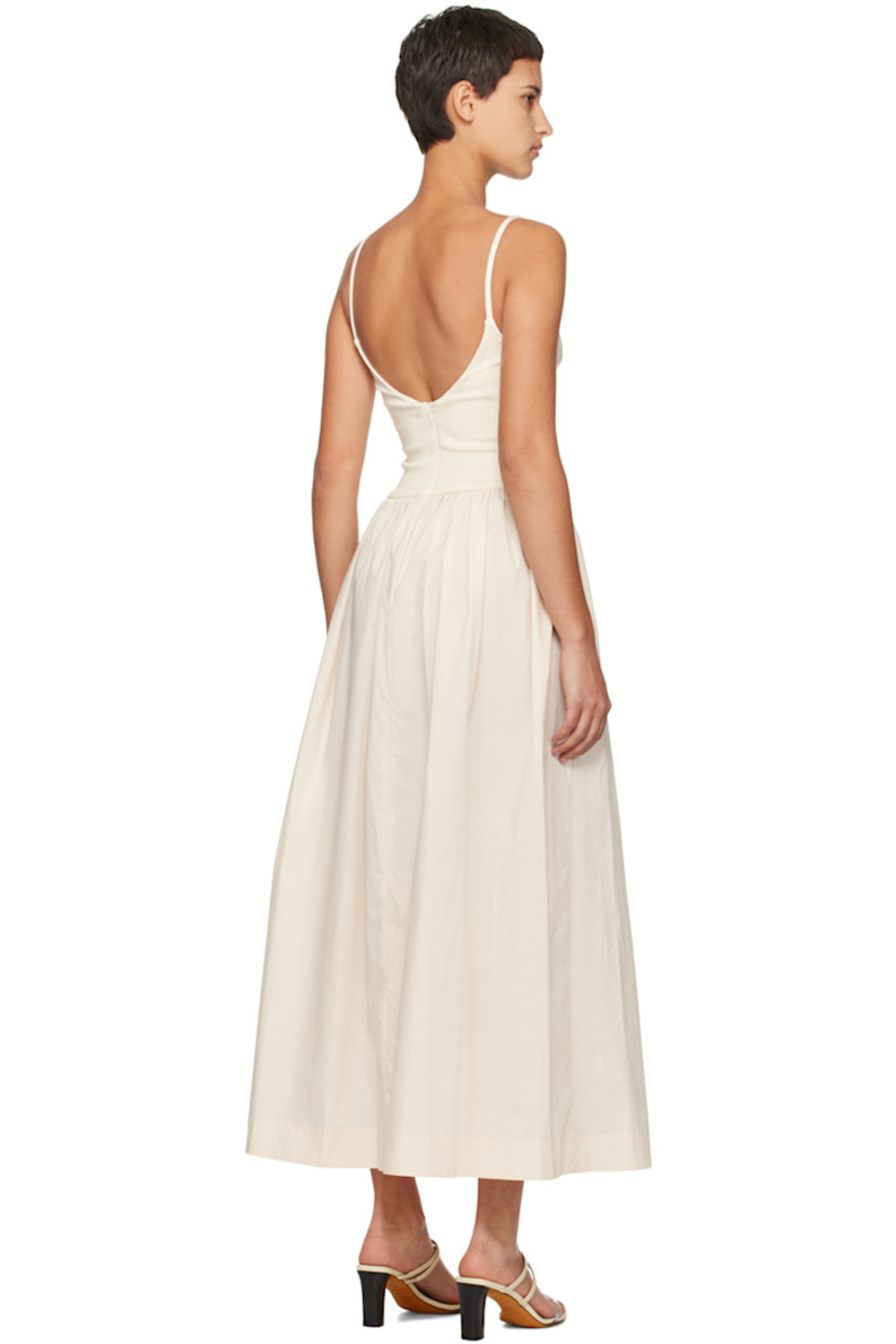 Cotton poplin and FSC-certified stretch viscose-blend jersey dress.

· Paneled construction
· V-neck
· Darts at cups
· Cutout at chest
· Gathering at waist
· Fixed shoulder straps
· Zip closure at back
· Partial jersey lining

Supplier color: Crema