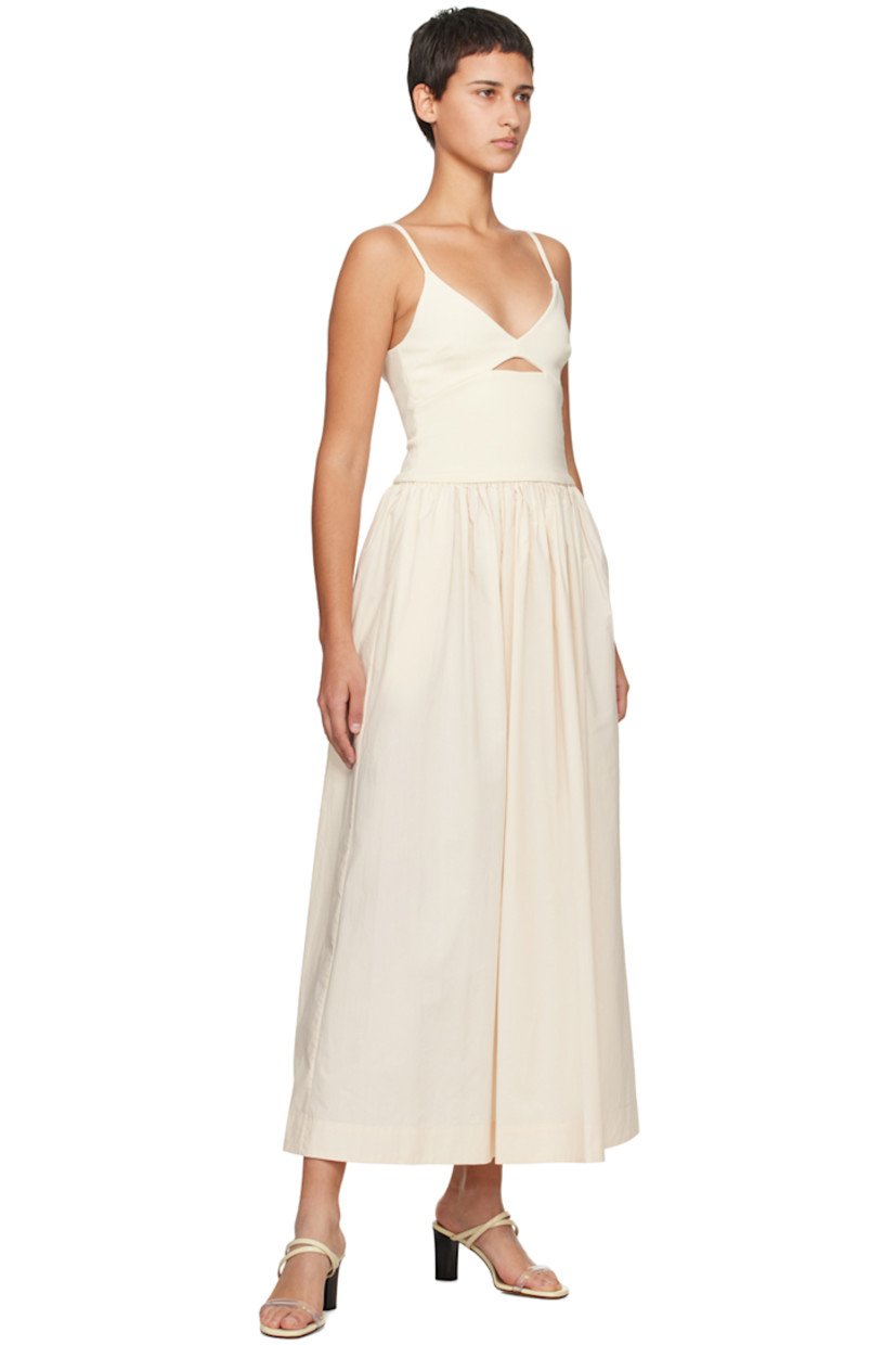 Cotton poplin and FSC-certified stretch viscose-blend jersey dress.

· Paneled construction
· V-neck
· Darts at cups
· Cutout at chest
· Gathering at waist
· Fixed shoulder straps
· Zip closure at back
· Partial jersey lining

Supplier color: Crema