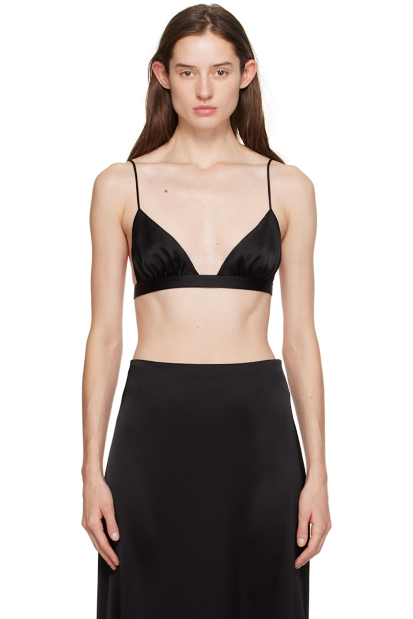 Naia™ acetate- and polyester-blend satin bra. 

· V-neck
· Gathering at cups
· Hook-eye closure at back
· Adjustable spaghetti straps

Supplier color: Black
