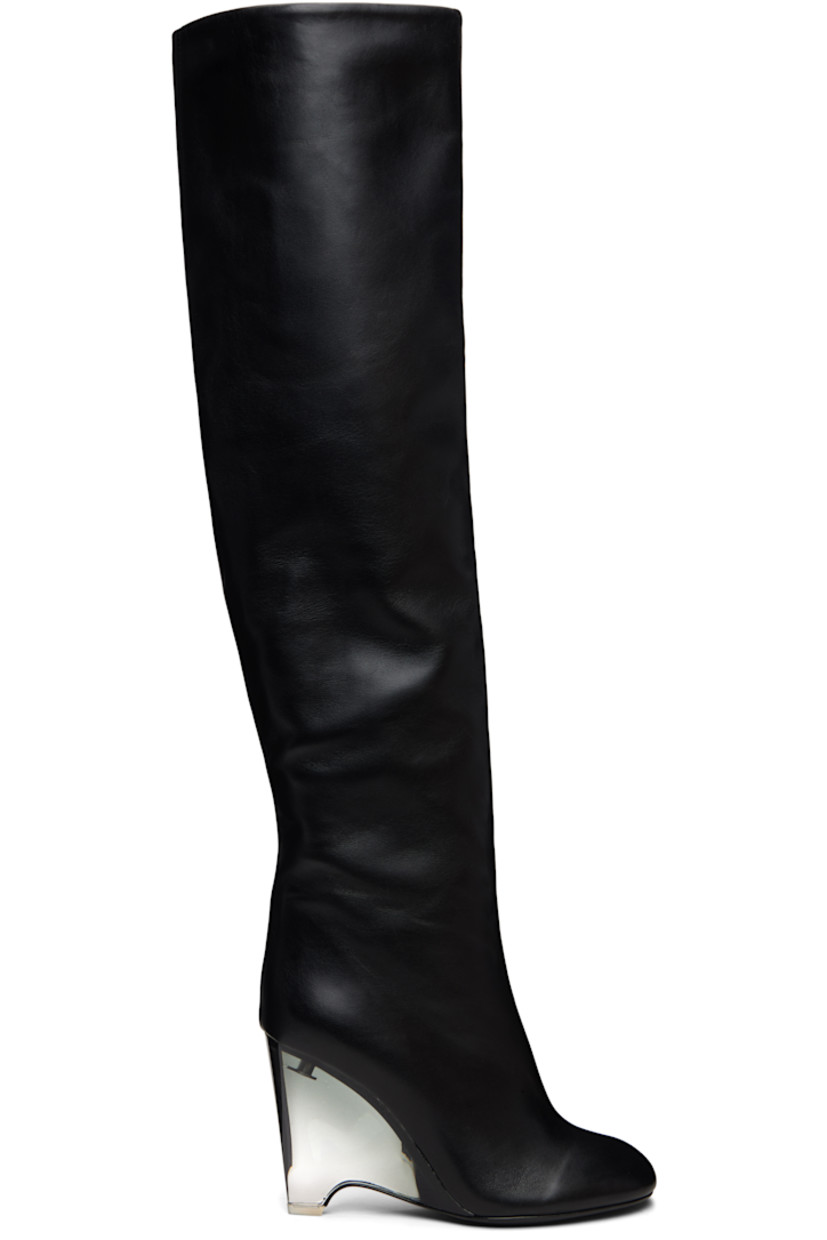 Thigh-high grained lambskin boots.

· Zip closure at inner side
· Transparent acrylic wedge heel 
· Calfskin sole with rubber injection
· Heel: H4"

Supplier color: Black