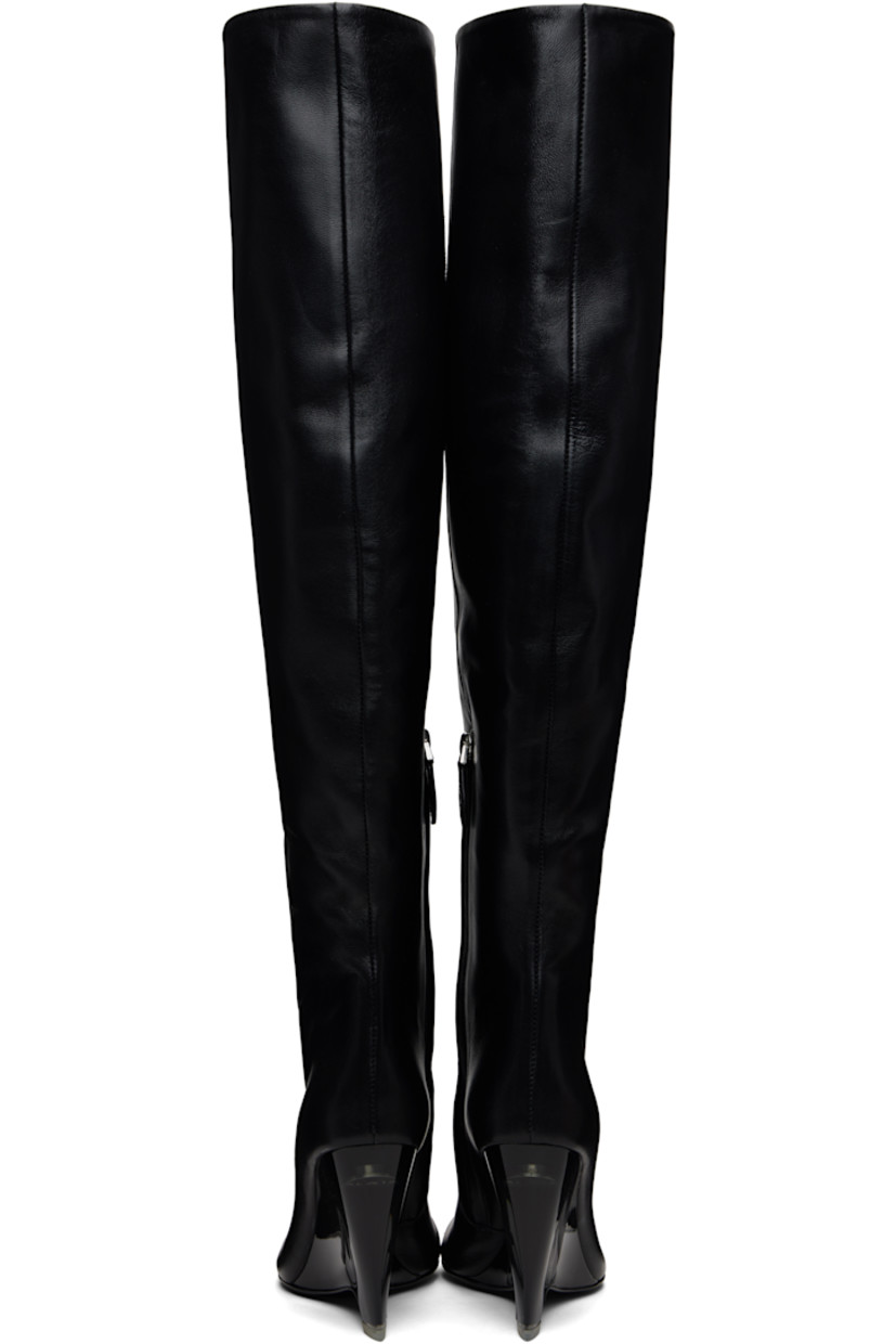 Thigh-high grained lambskin boots.

· Zip closure at inner side
· Transparent acrylic wedge heel 
· Calfskin sole with rubber injection
· Heel: H4"

Supplier color: Black