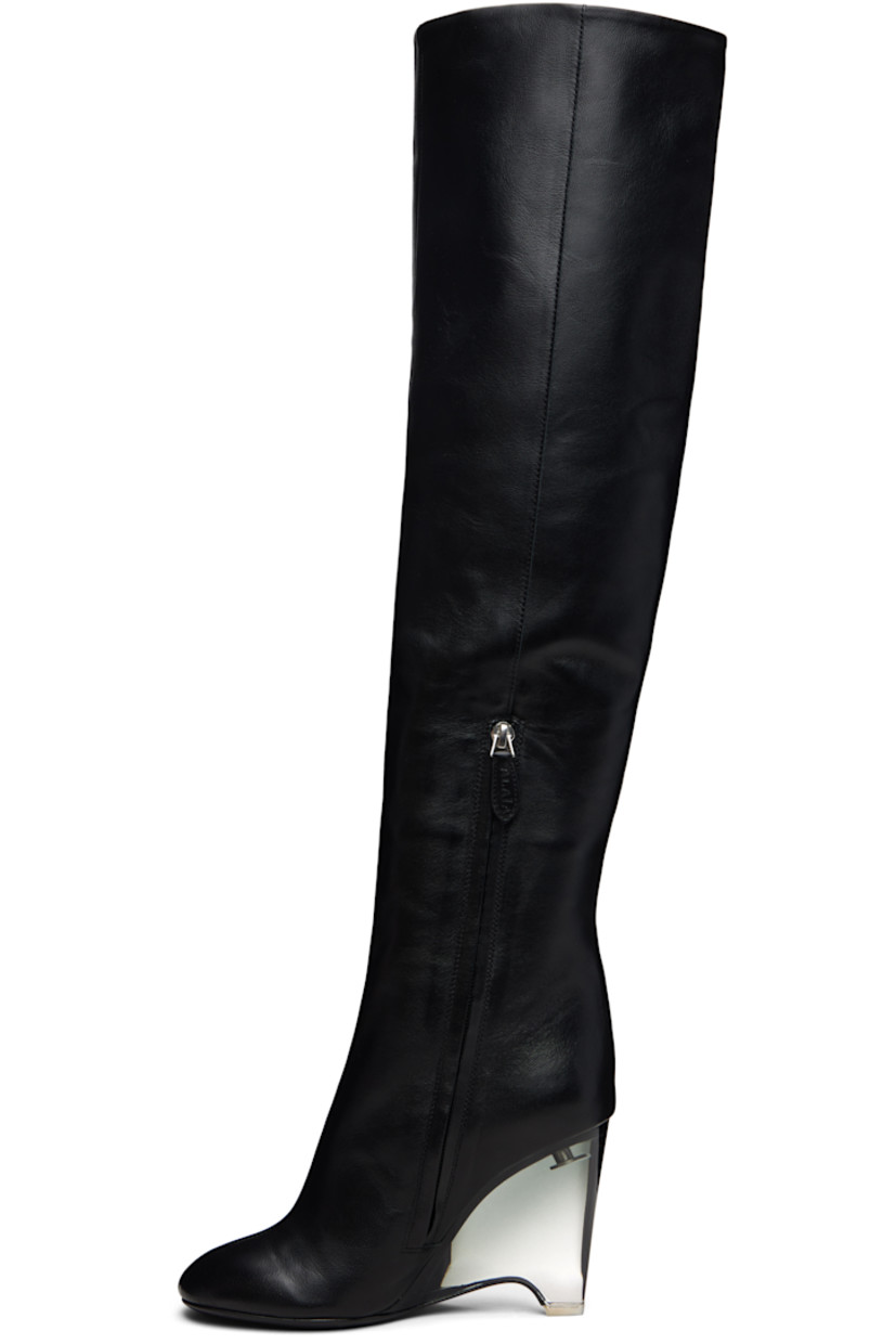 Thigh-high grained lambskin boots.

· Zip closure at inner side
· Transparent acrylic wedge heel 
· Calfskin sole with rubber injection
· Heel: H4"

Supplier color: Black