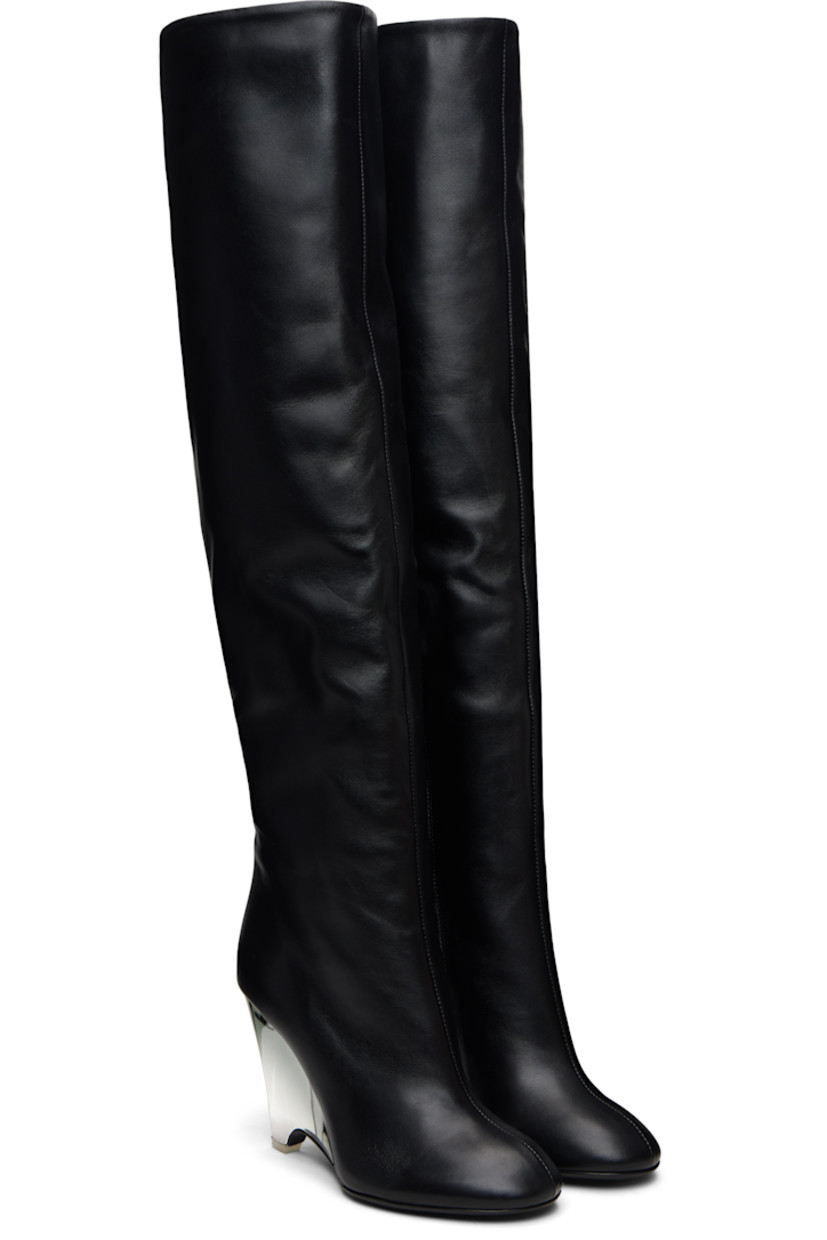 Thigh-high grained lambskin boots.

· Zip closure at inner side
· Transparent acrylic wedge heel 
· Calfskin sole with rubber injection
· Heel: H4"

Supplier color: Black