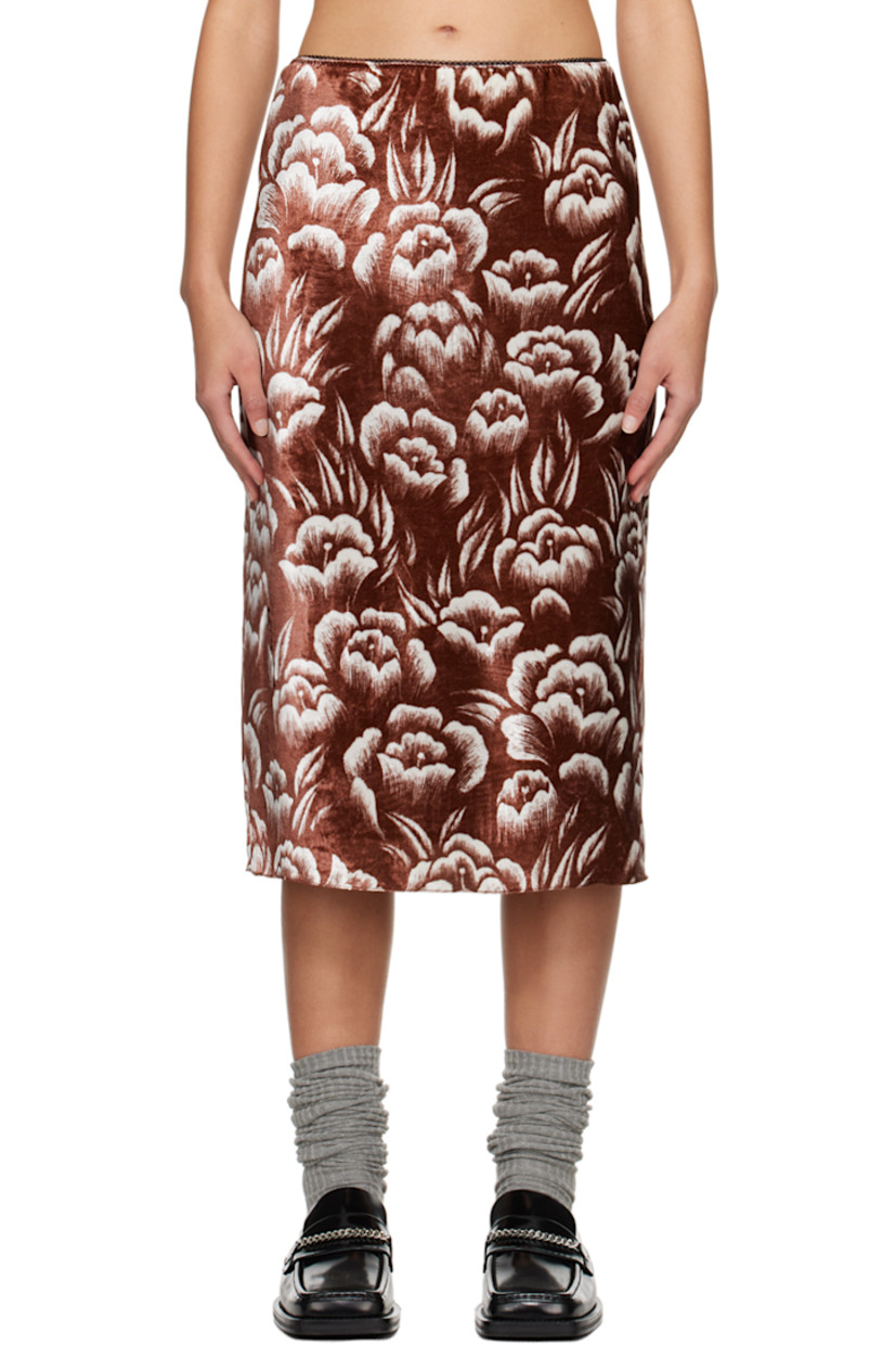 Viscose- and silk-blend velvet skirt. Floral pattern printed throughout.

· Lace trim at waistband
· Concealed zip closure at back
· Central vent at back hem
· Full viscose twill lining

Supplier color: Lino flower/Brown