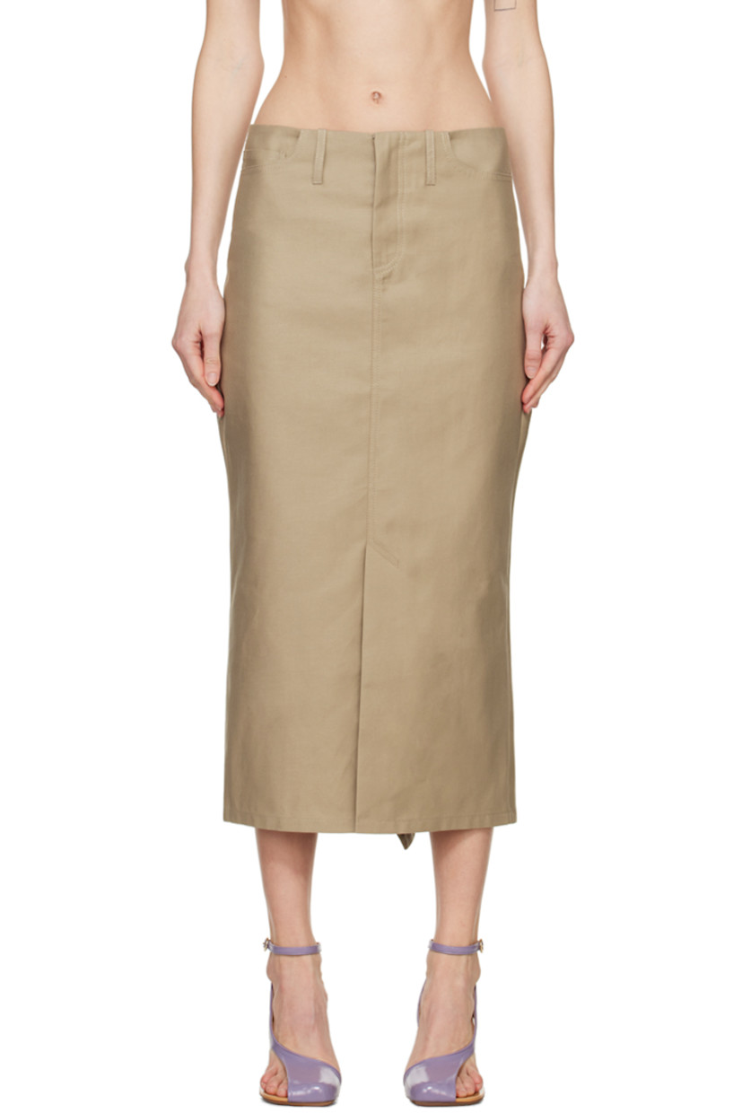 Cotton twill skirt. 

· Belt loops
· Four-pocket styling
· Zip-fly
· Asymmetric hem
· Central vent at front hem
· Ruching and draping at back

Supplier color: Clay