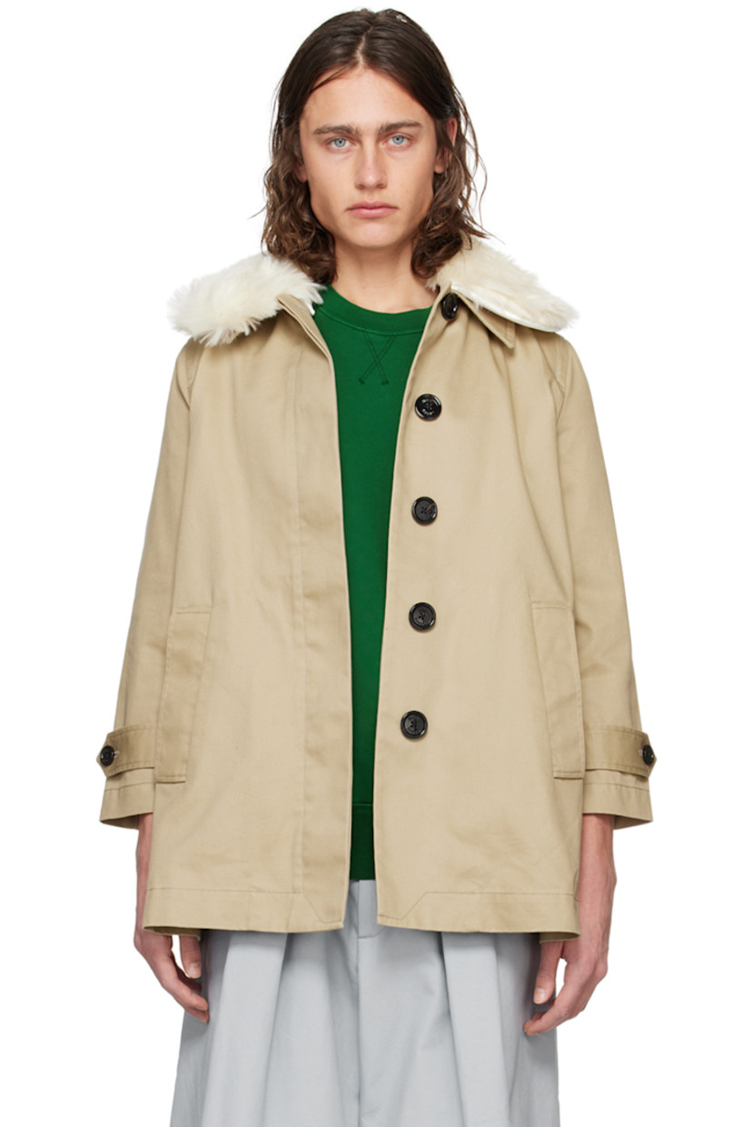 Cotton gabardine coat. 

· Detachable faux-fur trim at spread collar
· Concealed button closure
· Welt pockets
· Adjustable button tab at cuffs
· Central vent at back hem
· Unlined
· Corozo and horn hardware

Supplier color: Beige