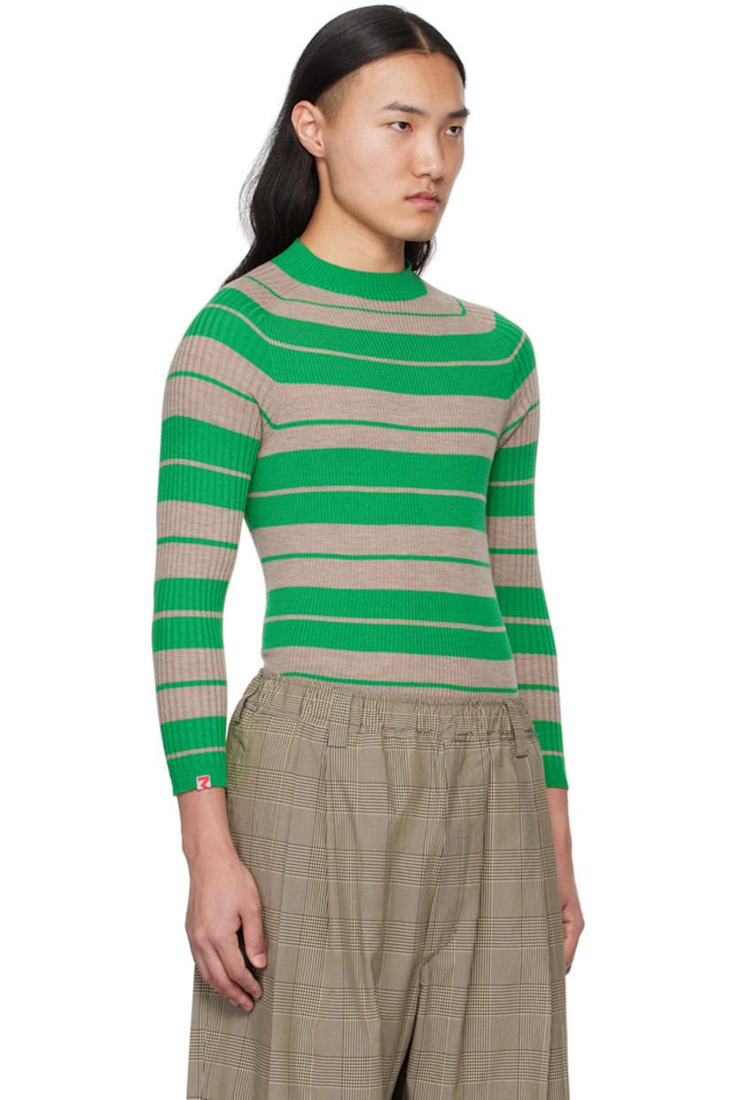 Rib knit virgin wool sweater. 

· Stripes throughout
· Mock neck

Supplier color: Sand melange/Green