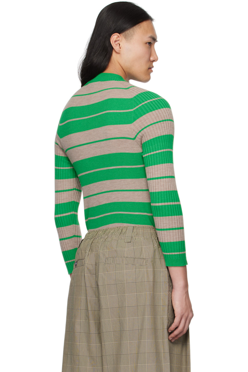 Rib knit virgin wool sweater. 

· Stripes throughout
· Mock neck

Supplier color: Sand melange/Green