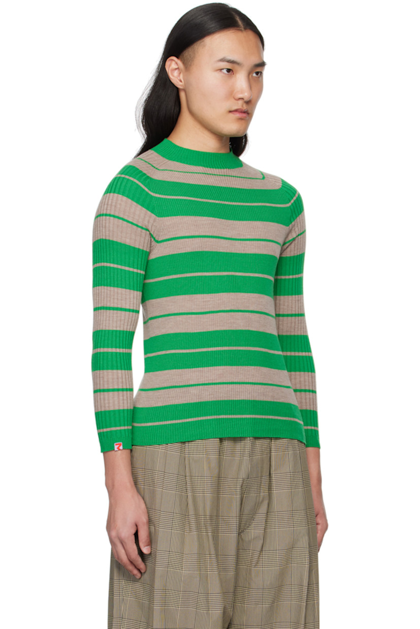 Rib knit virgin wool sweater. 

· Stripes throughout
· Mock neck

Supplier color: Sand melange/Green
