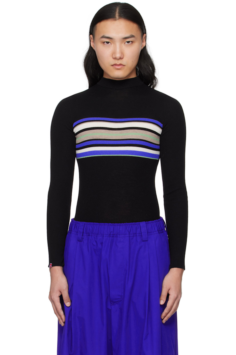 Rib knit virgin wool sweater. 

· Mock neck
· Stripes at chest

Supplier color: Black/Multi/Stripe