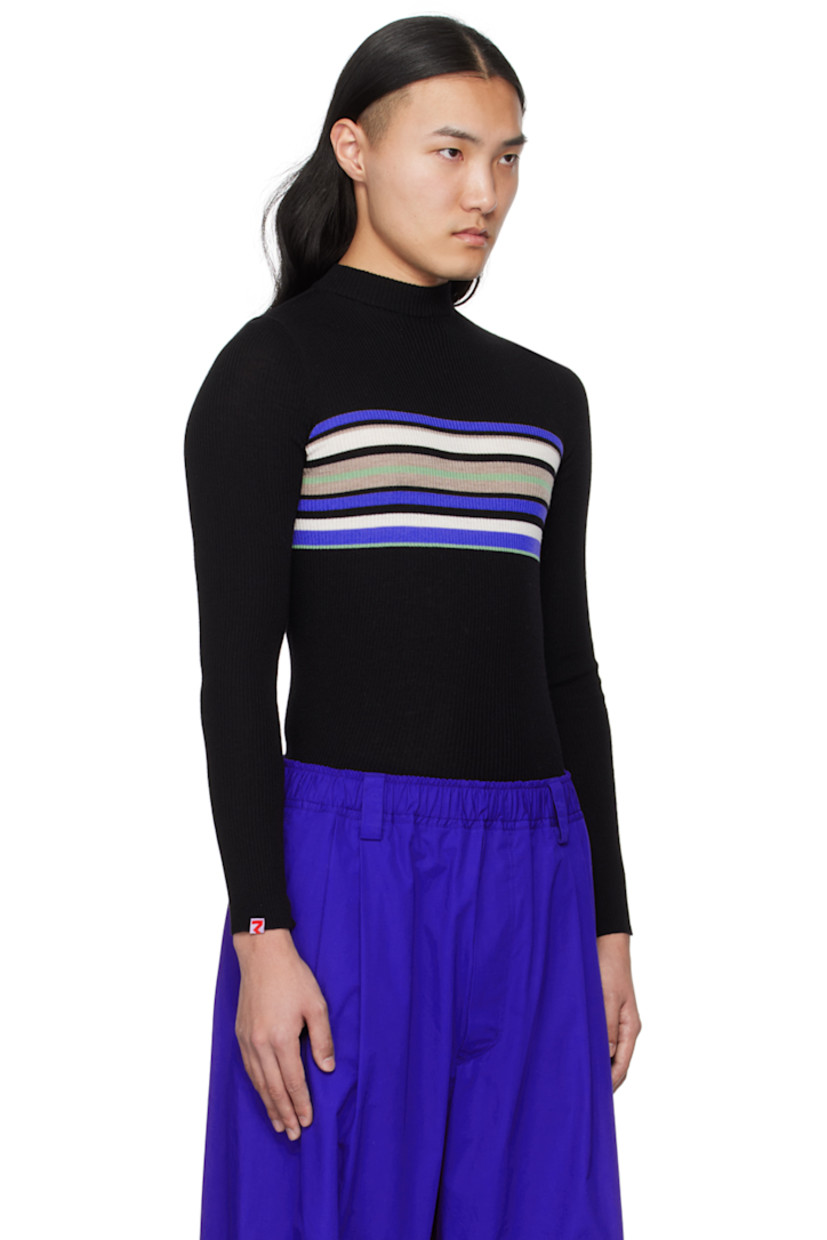 Rib knit virgin wool sweater. 

· Mock neck
· Stripes at chest

Supplier color: Black/Multi/Stripe