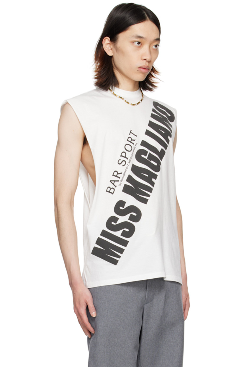 Cotton jersey tank top.

· Extended trim at rib knit crewneck
· Logo and text printed at front
· Rolled edge at dropped armscyes

Supplier color: Merch white