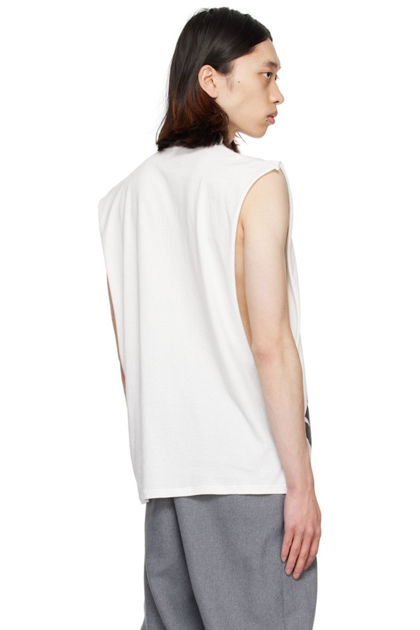 Cotton jersey tank top.

· Extended trim at rib knit crewneck
· Logo and text printed at front
· Rolled edge at dropped armscyes

Supplier color: Merch white