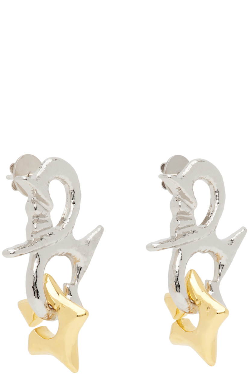 Pair of drop earrings in palladium-plated hammered brass.

· Gold-tone graphic charm at drop
· Post-stud fastening
· H1.5" x W1"

Supplier color: Multi