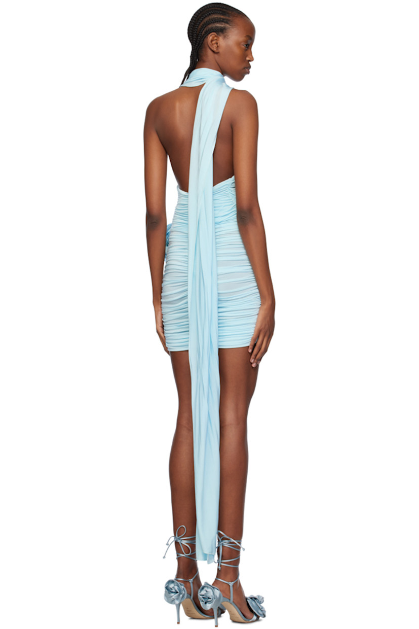 Stretch cupro satin dress. Gathering, ruching, and draping throughout. 

· Wrap construction
· Adjustable scarf-style trim at asymmetric neck
· Floral appliqué at side 
· Zip closure at back 

Supplier color: Blue