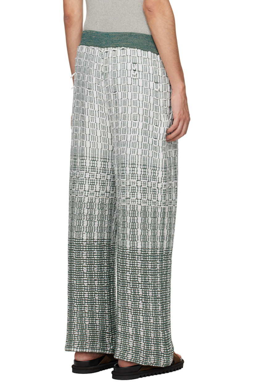 Hand-knit rayon trousers. Jacquard gradient and check pattern throughout.

· Elasticized waistband
· Two-pocket styling
· Logo flag at back waistband
 
Supplier color: Gradiation