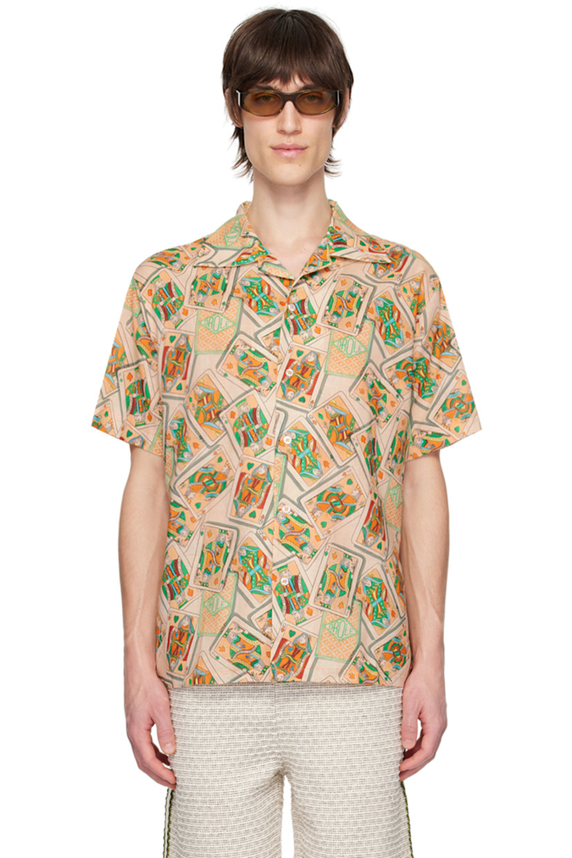 Linen- and cotton-bend hopsack shirt. Graphic pattern printed throughout.

· Open spread collar
· Button closure
· Logo-engraved hardware

Supplier color: Peach