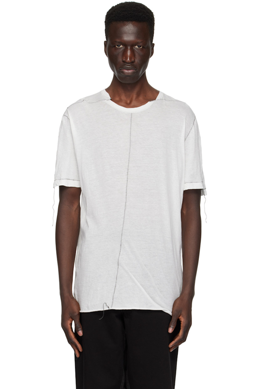 Handcrafted cotton jersey T-shirt. 

· Asymmetric crewneck
· Loose thread detailing at raw hem and cuffs
· Saddle shoulders
· Contrast stitching in black

Supplier color: Ecru