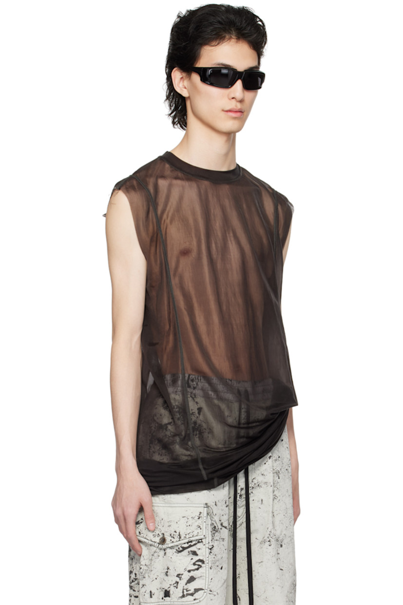 Handcrafted sheer nylon jersey tank top.

· Crewneck
· Raw edge at cap sleeves
· Dropped armscyes
· Contrast overlock stitching in gray

Available exclusively at SSENSE.

Supplier color: Urban grey