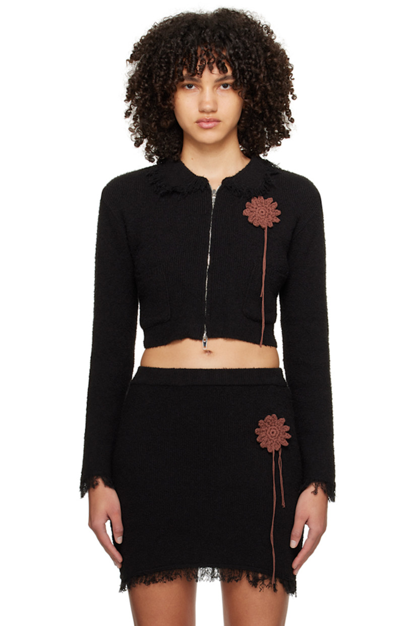 Brushed rib knit cotton-blend sweater. Frayed edges throughout.

· Spread collar
· Two-way zip closure
· Crocheted graphic appliqué at chest
· Patch pockets

Supplier color: Black