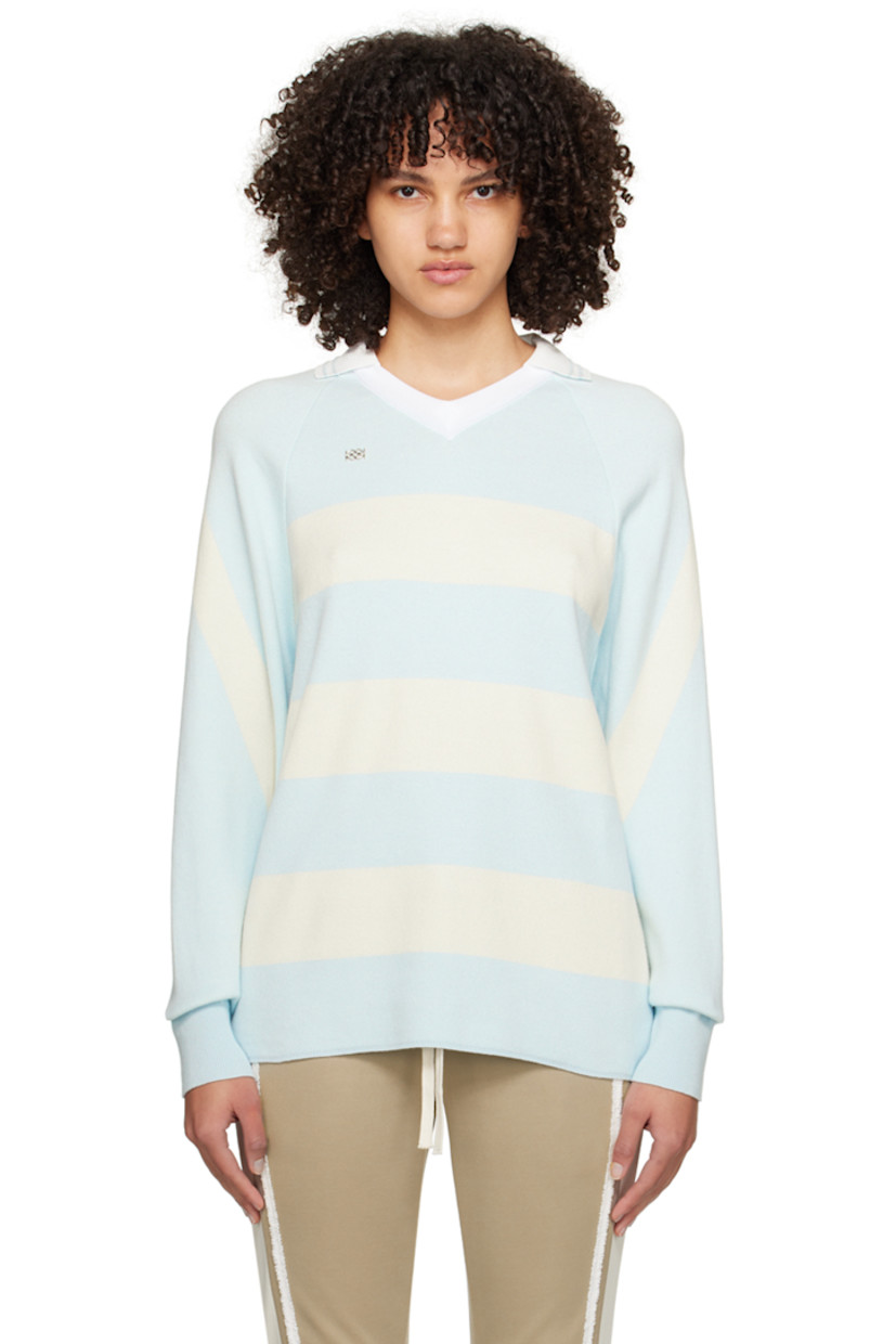 Knit cotton polo. Jacquard stripes throughout.

· Spread collar at rib knit V-neck
· Logo hardware at chest
· Raglan sleeves
· Rib knit cuffs

Supplier color: Sky blue/Cream
