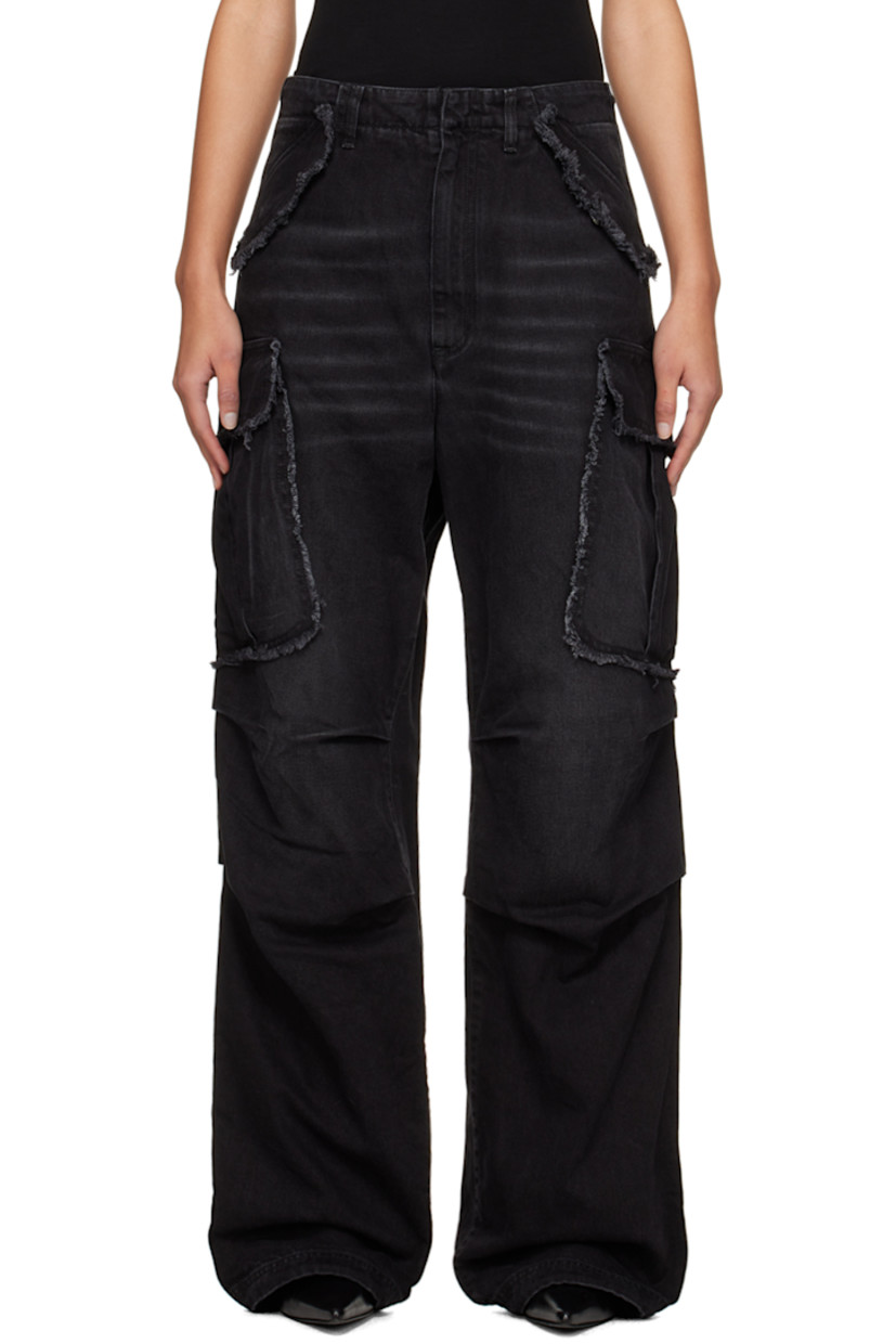 Loose-fit wide-leg non-stretch denim cargo pants. Raw edges, fading, and whiskering throughout.

· High-rise
· Belt loops and drawstring at waistband
· Four-pocket styling
· Zip-fly
· Tucks at knees
· Drawstring at cuffs
· Cargo pocket at outseams
· Logo patch at back waistband

Supplier color: Washed black