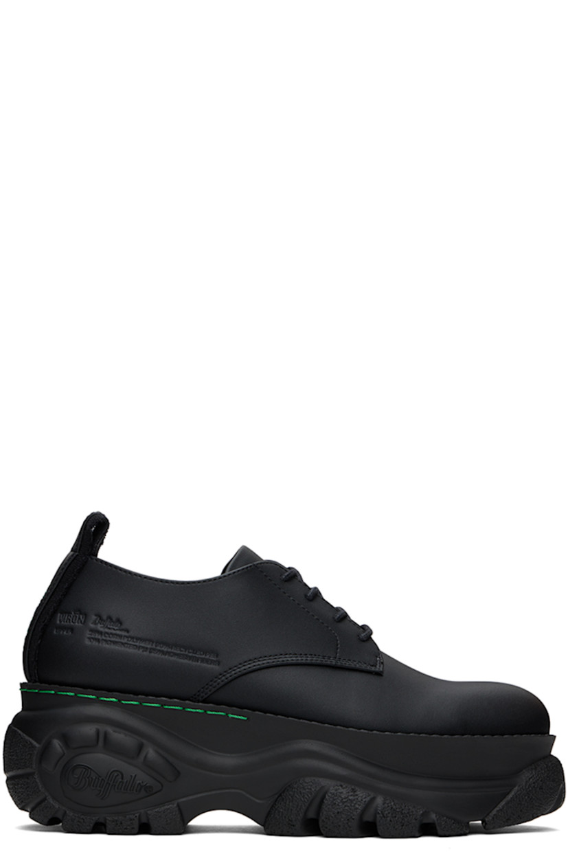 Handcrafted PETA-certified buffed corn polymer faux-leather derbys in black.

· Lace-up closure
· Logo embossed at padded tongue 
· Logo and text embossed at outer side 
· Canvas trim and pull-loop at heel tab 
· Logo embossed at heel counter
· Logo printed at padded footbed
· Grained faux-leather lining
· Logo-embossed sculptural platform rubber midsole
· Treaded rubber sole
· Contrast stitching in green 

Part of the Virón x Buffalo Source collaboration. 

Supplier color: Black