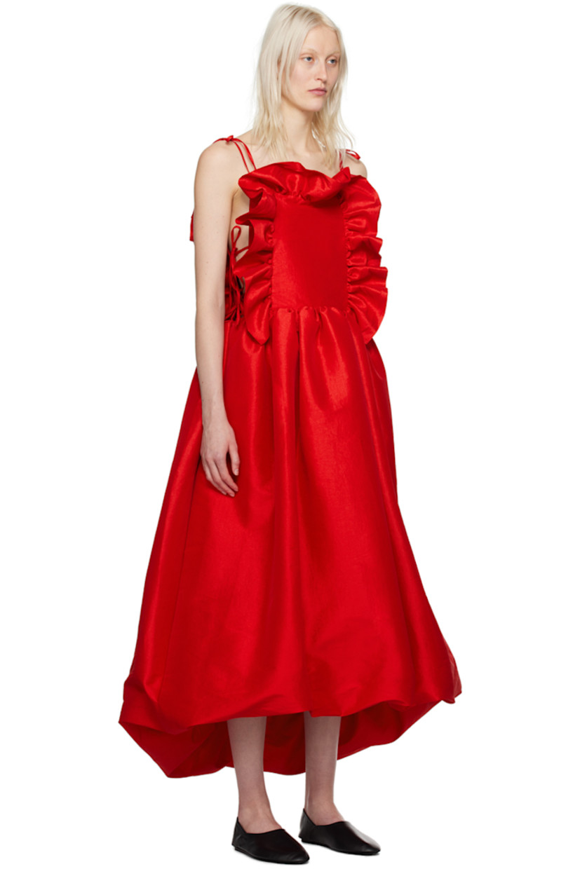 Stretch polyester- and nylon-blend taffeta dress. 

· Square neck
· Ruffled trim at front and back
· Gathering at waist
· Seam pockets
· Self-tie fastening at side seams 
· Self-tie shoulder straps
· Full stretch satin lining

Available exclusively at SSENSE.

Supplier color: Red