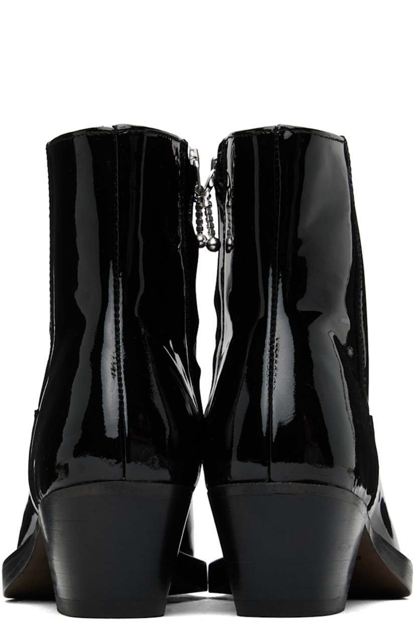 Ankle-high patent leather boots in black.

· Pointed toe
· Zip closure at inner side
· Grained leather lining
· Leather block heel with rubber injection
· Leather sole
· Heel: H2"

Supplier color: Black