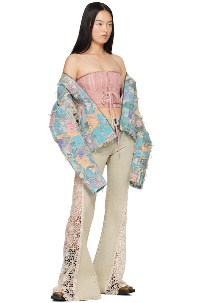 Stretch cotton damask corset. Hand-distressing, hand-fading, boning, and jacquard graphic pattern throughout.

· Broderie anglaise trim at straight neck
· Hook-eye fastening and lace-up detailing at front
· Zip closure at side
· Full viscose satin lining

Supplier color: Faded rose multi