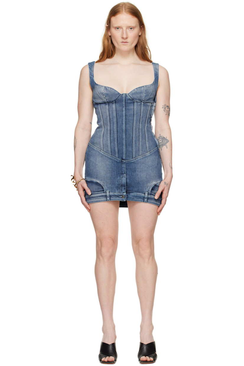 Stretch denim dress. Fading throughout.

· Paneled construction
· Sweetheart neck
· Darts at cups
· Boning at front and back
· Zip-fly at front hem
· Belt loops at hem
· Zip closure at side seam
· Fixed shoulder straps
· Partial twill lining
· Logo-engraved silver-tone hardware

Supplier color: Wash blue