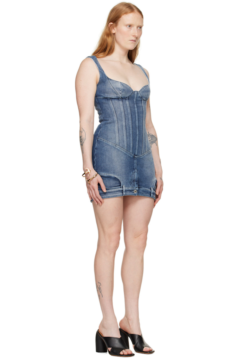 Stretch denim dress. Fading throughout.

· Paneled construction
· Sweetheart neck
· Darts at cups
· Boning at front and back
· Zip-fly at front hem
· Belt loops at hem
· Zip closure at side seam
· Fixed shoulder straps
· Partial twill lining
· Logo-engraved silver-tone hardware

Supplier color: Wash blue