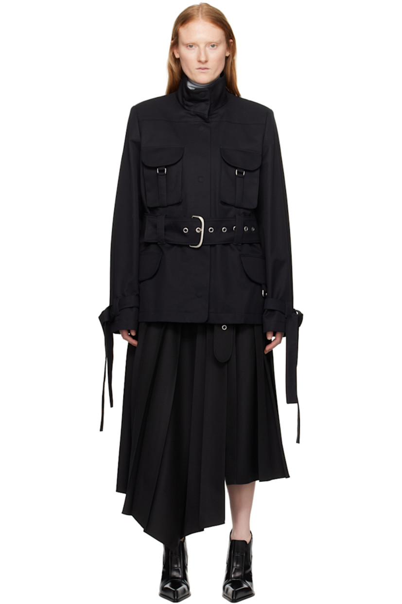 Cotton canvas jacket. 

· Funnel neck
· Concealed press-stud closure
· D-ring at flap pockets
· Detachable pin-buckle belt
· Detachable self-tie trim at cuffs
· Logo embossed at back collar
· Pinched seam at back
· Full logo-woven viscose twill lining
· Silver-tone hardware

Supplier color: Black