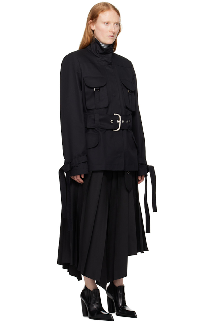 Cotton canvas jacket. 

· Funnel neck
· Concealed press-stud closure
· D-ring at flap pockets
· Detachable pin-buckle belt
· Detachable self-tie trim at cuffs
· Logo embossed at back collar
· Pinched seam at back
· Full logo-woven viscose twill lining
· Silver-tone hardware

Supplier color: Black