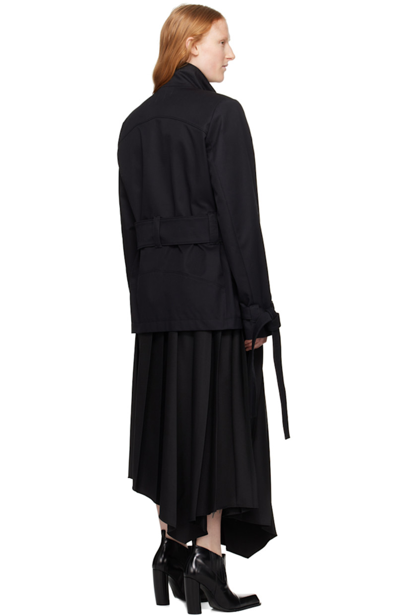 Cotton canvas jacket. 

· Funnel neck
· Concealed press-stud closure
· D-ring at flap pockets
· Detachable pin-buckle belt
· Detachable self-tie trim at cuffs
· Logo embossed at back collar
· Pinched seam at back
· Full logo-woven viscose twill lining
· Silver-tone hardware

Supplier color: Black