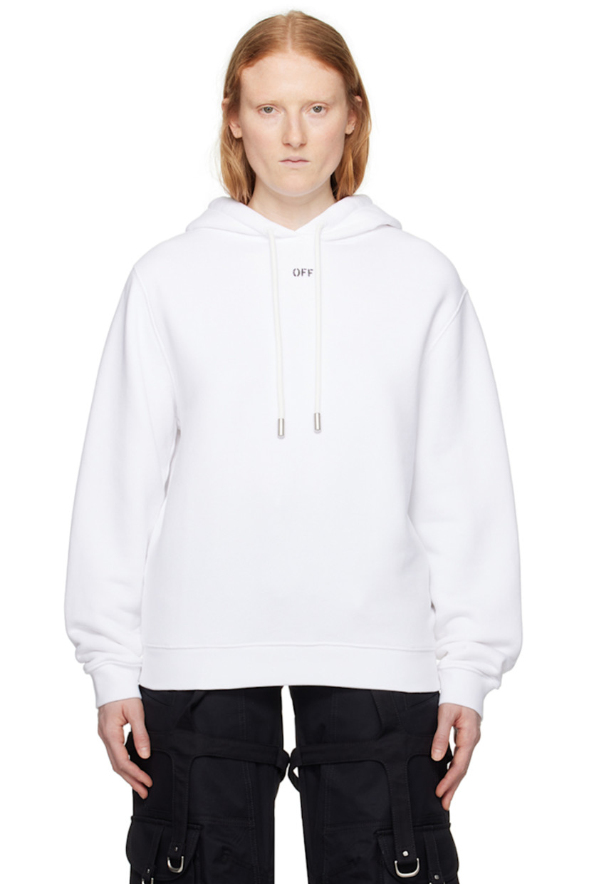 Organic cotton French terry hoodie.

· Drawstring at hood
· Logo printed at chest
· Rib knit hem and cuffs
· Logo graphic embroidered at back

Supplier color: White