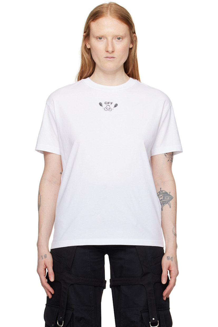 Cotton jersey T-shirt.

· Rib knit crewneck
· Logo printed at chest
· Graphic embroidered at front and back

Supplier color: White