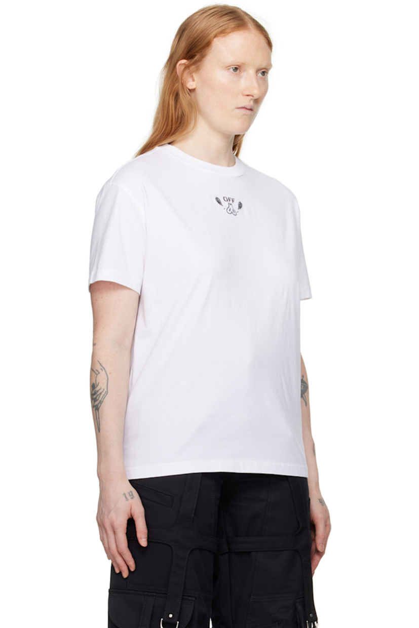 Cotton jersey T-shirt.

· Rib knit crewneck
· Logo printed at chest
· Graphic embroidered at front and back

Supplier color: White