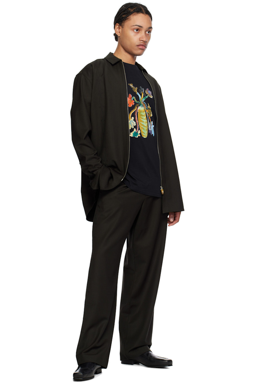 Stretch polyester- and wool-blend twill shirt.

· Spread collar
· Two-way zip closure
· Graphic pattern embroidered at front
· Modified shirttail hem
· Two-button barrel cuffs
· Box pleat at back yoke

Supplier color: Brown embroidered