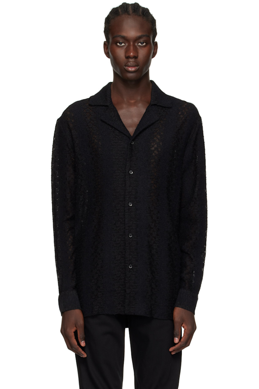 Lightweight semi-sheer raschel knit stretch nylon shirt.

· Open spread collar
· Button closure
· Dropped shoulders
· Single-button barrel cuffs
· Inverted pleat at back yoke

Supplier color: Black
